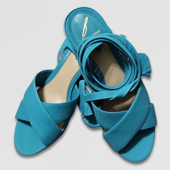 Brian Atwood Astor Nubuck Sandals Block Heel Crisscross Tie Up Aqua Women’s US 7 - Picture 1 of 13
